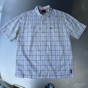 Early 2000s Surfwear Quiksilver white and green plaid short sleeve button-up